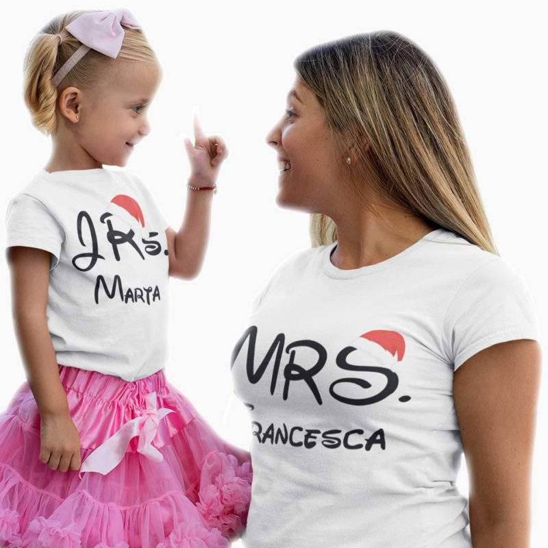 Coppia T-Shirt Mamma - Figlio/a Natale Personalizzate con Nome - MRS & JR/JRS