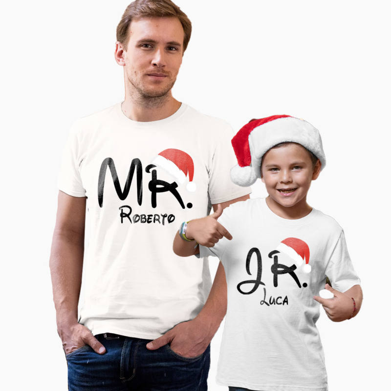 Coppia T-Shirt Papà - Figlio/a Natale Personalizzate con Nome - MR & JR/JRS