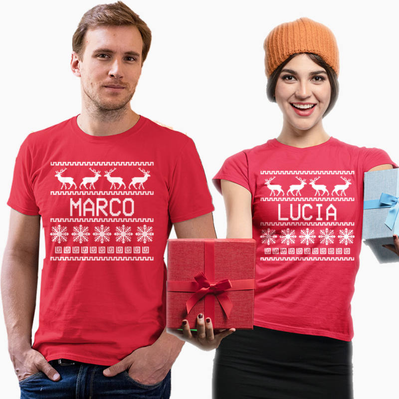 Coppia T-Shirt Natale Personalizzate con Nome - Trama Natalizia